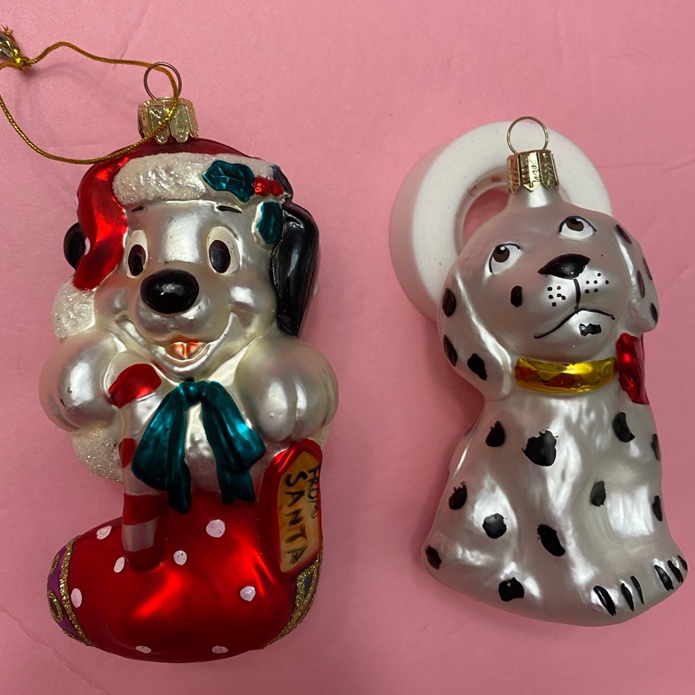 2 Dalmatian glass Christmas ornaments- one is Disney 101 Dalmatians